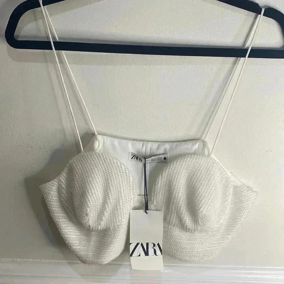 ZARA Oyster White Beaded Crop Top BNWT STUNNING Sz Medium - Picture 2 of 8